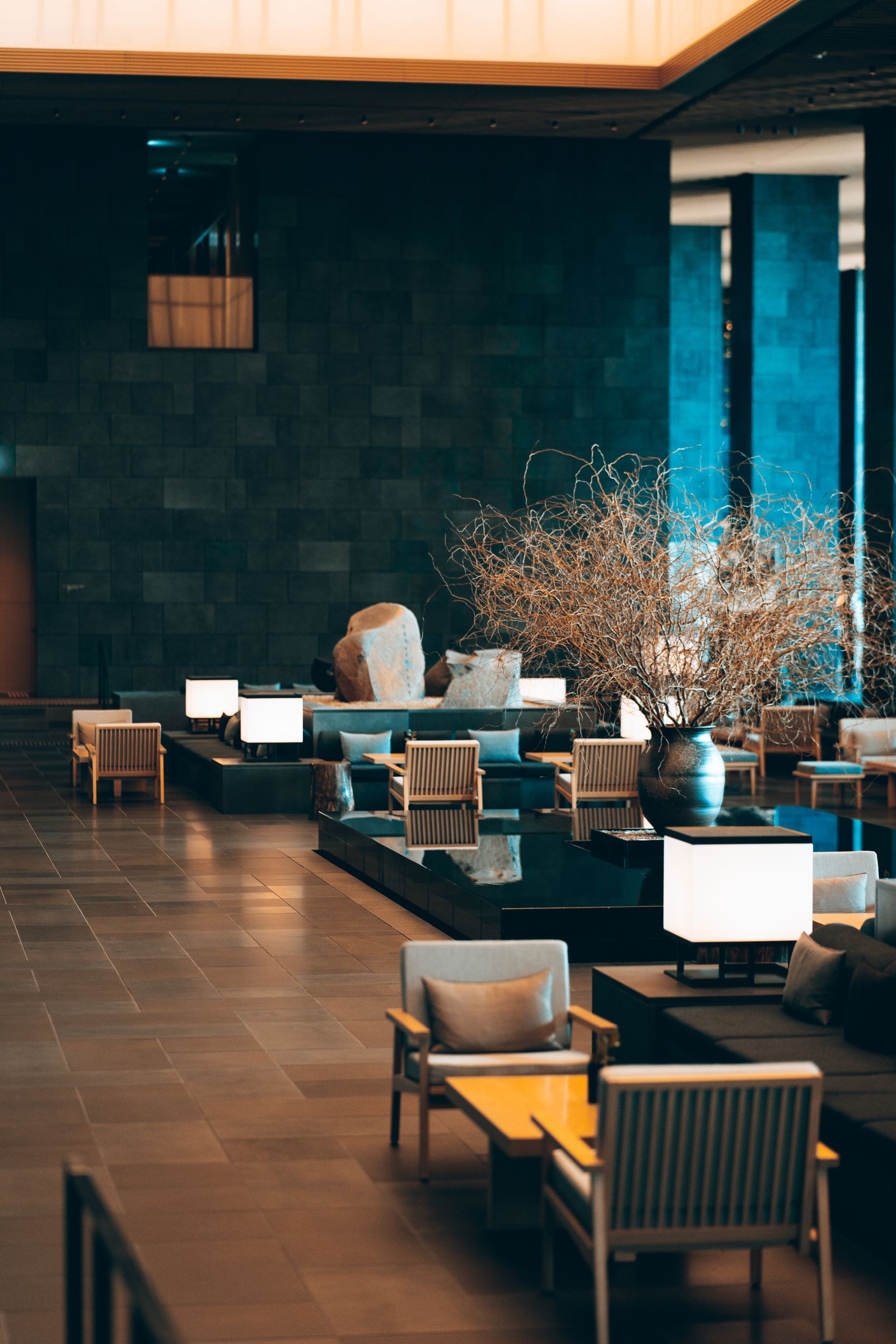 Hotel lounge fit-out with warm low lighting